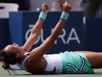 
Zheng Qinwen, of China, celebrates after beating Madison Keys, of the United States, during the third round of the US Open tennis championships yesterday.