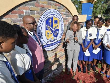 Minister of Education Senator Dana Morris Dixon (right) at the opening of the merged Hydel Cumberland High in St Catherine on September 7, 2026. 