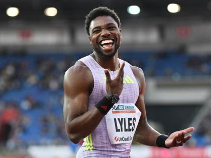 Noah Lyles of the United States celebrates after winning the men’s 150 metres event at the Golden Spike athletics meeting in Ostrava, Czech Republic on Tuesday, June 16.