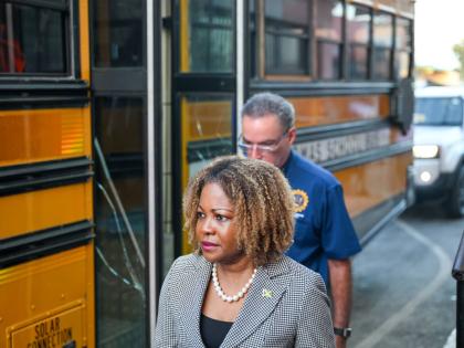 Minister of Education, Skills, Youth and Information, Senator Dr Dana Morris Dixon, and Minister of Energy, Transport and Telecommunications, Daryl Vaz, arrive in Yallahs, St Thomas, for the rollout of the Rural School Bus Programme Back-to-School Tour at 