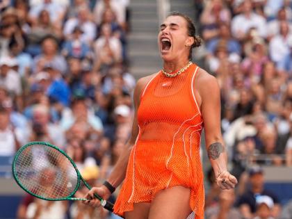 Aryna Sabalenka, of Belarus, celebrates winning a match against Linda Noskova, of the Czech Republic, during the quarterfinal round of the US Open tennis championships yesterday.
