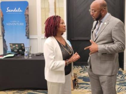 Conference Chair and Managing Director of the Food Hygiene Bureau (FHB), Dr Marva Hewitt, engages in discussion with St Ann’s Bay Mayor, Councillor Michael Belnavis, at the recent launch of the 10th International Food Security and Sovereignty Conference 