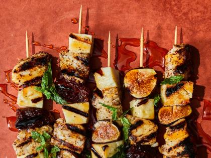 Halibut and halloumi skewers with dates and figs, from the cookbook ‘Greek Out’, by Maria Koutsogiannis. 
