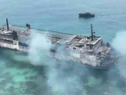 In this image taken from video provided by the Philippine Coast Guard, remains of ferry MV June Aster that caught fire off Palawan province, western Philippines on Thursday Sept. 10, 2026. (Philippine Coast Guard via AP)