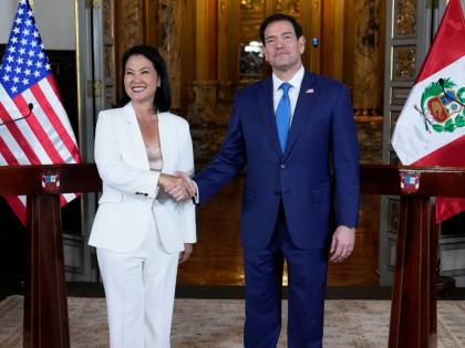 US Secretary of State Marco Rubio (right) and Peruvian President Keiko Fujimori shake hands after a joint news conference at the presidential palace in Lima, Peru, on Thursday. - AP photo