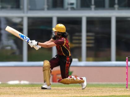 Trinbao Knight Riders’ batter Yastika Bhatia swings for the fences during a Women’s Caribbean Premier League cricket game against the Jamaica Empress at Kensington Oval in Barbados yesterday.