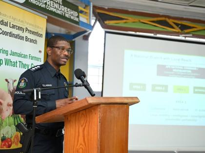 Deputy Superintendent of Police Tedroy Clarke, Commander for the Area 3 Agricultural Protection Branch of the Jamaica Constabulary Force, addresses the Clarendon Praedial Larceny Farmer Sensitisation Meeting at the Denbigh Showground in the parish on Wedne
