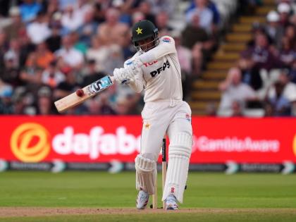 Pakistan’s Razaullah hits a six on day three of the third cricket Test between England and Pakistan in Birmingham, England yesterday.