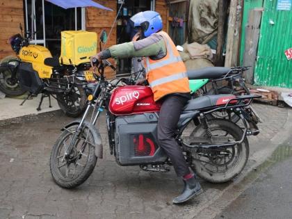 A rider sits on an electric Spiro motorcycle in Nairobi, Kenya, on February 24, 2026. 