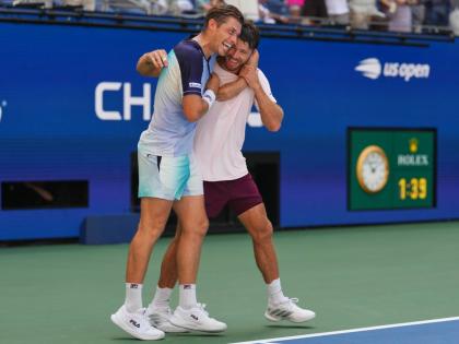 
Neal Skupski, of Britain (left) celebrates with Christian Harrison, of the United States after winning the men’s doubles final of the US Open tennis championships Kevin Krawietz, of Germany, and Tim Puetz, of Germany, yesterday.