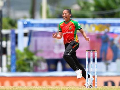 
Guyana Amazon Warriors Women Shabnim Ismail celebrates a wicket during a Limacol Women’s Caribbean Premier League game at the Kensington Oval yesterday.
