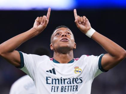 
Real Madrid’s Kylian Mbappe celebrates scoring his side’s fourth goal during the Spanish La Liga football match against Rayo Vallecano in Madrid, Spain, yesterday.