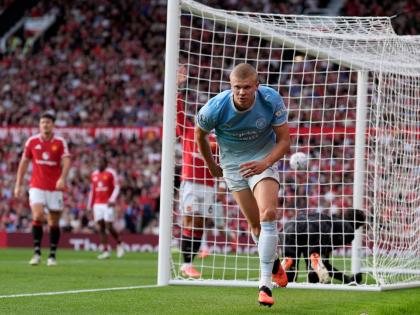 Manchester City’s Erling Haaland celebrates after scoring his side’s winning goal during the English Premier League match against Manchester United in Manchester, England, yesterday.