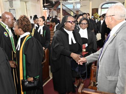 Chief Justice Bryan Sykes (left) greets members of the judiciary while Justice Minister Delroy Chuck (right) greets Director of Public Prosecutions Claudette Thompson (third right) and Denise E. Kitson, KC, (second right), chairman of the General Legal Cou