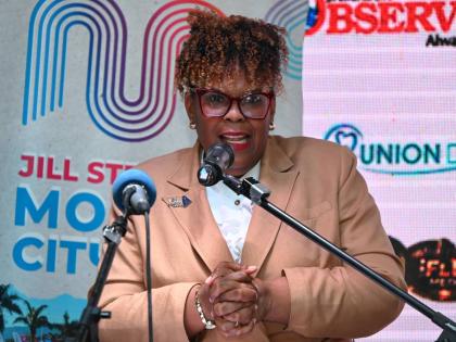La Sonja Harrison, president of the Jamaica Teachers’ Association, delivering the keynote address during the 10th staging of the Jill Stewart MoBay City Run Scholarship Presentation at the S Hotel in Montego Bay, St James, on Friday.