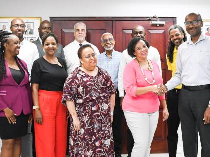 Shipping Association of Jamaica President Corah Ann Robertson-Sylvester (second from right), and members of the SAJ Managing Committee officially welcome Clayton Charles (front right), the new General Manager of CMA CGM Jamaica.