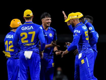 The Barbados Tridents celebrate a wicket ding their Republic Bank Caribbean Premier League game against the Guyana Amazon Warriors at the Kensington Oval in Barbados on Sunday night.