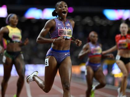 Melissa Jefferson-Wooden, of the United States reacts after winning the women’s 200 metres final during the World Athletics Ultimate Championship in Budapest, Hungary, on Sunday.