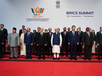 Participants of the BRICS Plus Outreach format pose for a photo in New Delhi, India, on Sunday, September 13, 2026. (Alexander Kazakov, Sputnik, Kremlin Pool Photo via AP)