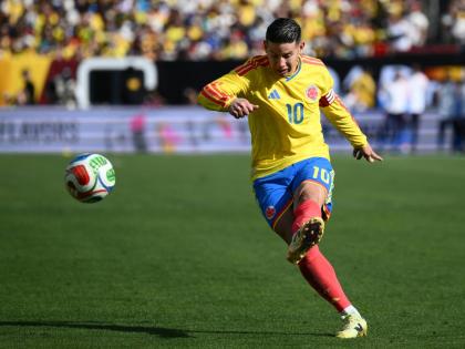 Colombia midfielder James Rodríguez  plays the ball during the second half of an international friendly football match against France, Sunday, March 29, in Landover, Maryland.