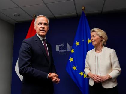 Canadian Prime Minister Mark Carney (left) and European Commission President Ursula von der Leyen participate in a bilateral meeting at the European Parliament in Strasbourg, France, Wednesday.