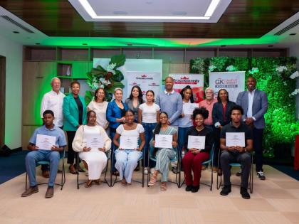 First-time recipients of the 2026 Carlton Alexander Memorial Bursary are pictured at the awards ceremony held last month at GraceKennedy’s headquarters in downtown Kingston. Sharing the moment are (standing, from left) Edward Alexander, son of the late C