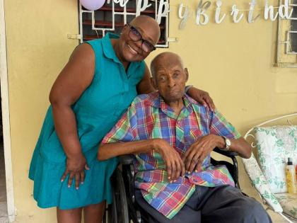 Kenneth Samuels, a 105-year-old resident of Bogue Heights, Montego Bay, St James, at home with his daughter Jacqueline Dawn Samuels-Plummer. The elder Samuels celebrated his milestone birthday on September 11, 2026.