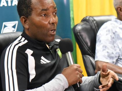 Rudolph Speid, Jamaica's Reggae Boyz Interim Head Coach, announces the Jamaica Football Federation (JFF) Nations League Squad at the JFF Offices in Kingston on Friday.  Looking on is Barry Watson (right), Vice President of the Jamaica Football Federation (