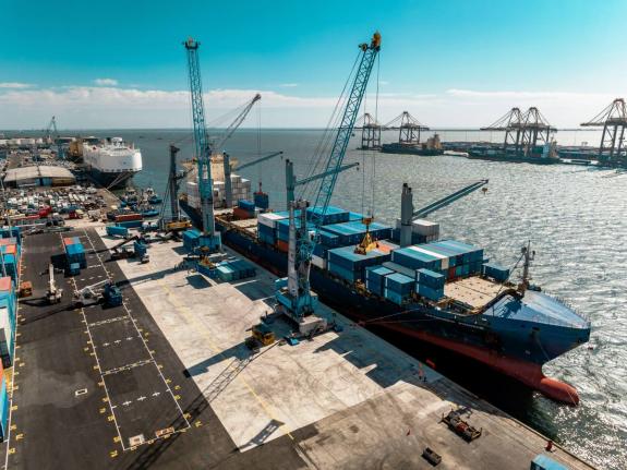 An aerial shot of a vessel docked at Kingston Wharves’ Berth 7.