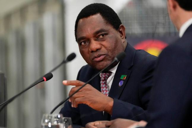 Zambia President Hakainde Hichilema speaks during the Lobito Corridor Trans-Africa Summit at the Carrinho food processing factory near Lobito, Angola, on December 4, 2024. (AP Photo/Ben Curtis, file)