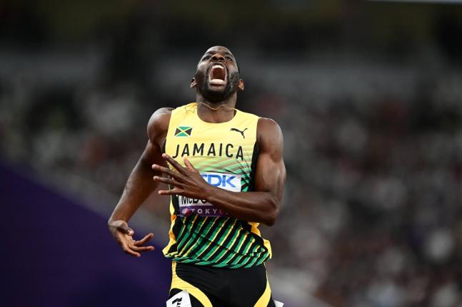 Rusheen McDonald reacts after completing his men’s 400-metre semi-final heat at the World Athletics Championships yesterday inside the Japan National Stadium. 
