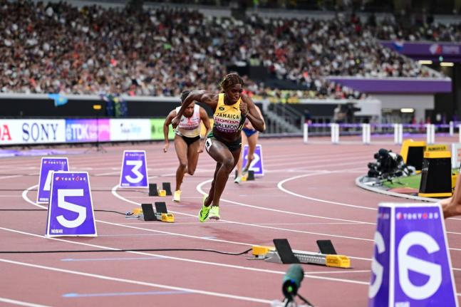 Shiann Salmon leaves the blocks for the 400-metre hurdles final at the World Athletics Championships inside the Japan National Stadium earlier today.