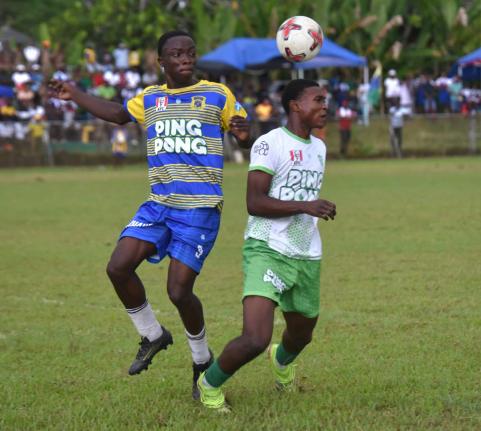 Rusea’s High’s Omarion Jemmison (left) jumps to head the ball during a battle with Frome Technical High’s Romario Clarke in their Zone B daCosta Cup match at the Collin Miller Sports Complex on Tuesday, September 16, 2025.