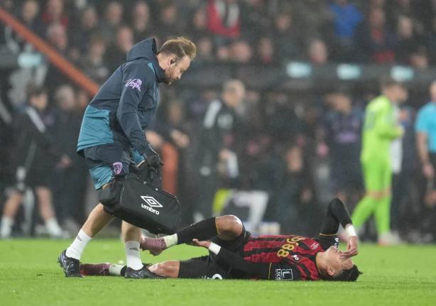 Bournemouth’s Evanilson goes down injured during the English Premier League match between Bournemouth and Fulham at the Vitality Stadium in Bournemouth, England, yesterday.