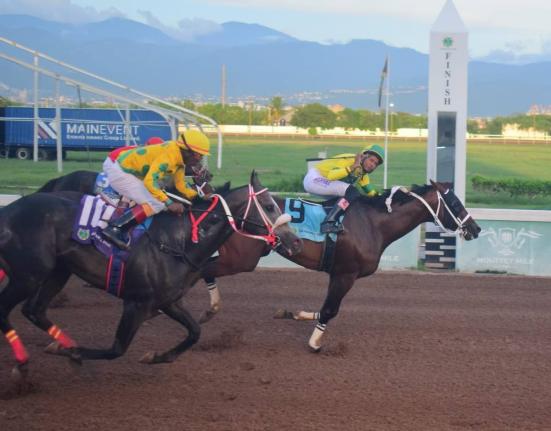 
LEGACY ISLE (right), ridden by Raddesh Roman, wins the 53rd running of the Gold Cup ahead of RIDEALLDAY (Paul Francis) at Caymanas Park yesterday.