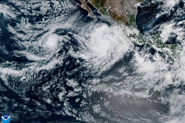 In this satellite image released by NOAA, Tropical Storm Priscilla forms in the easter Pacific off Mexico, October 5, 2025. (NOAA via AP)