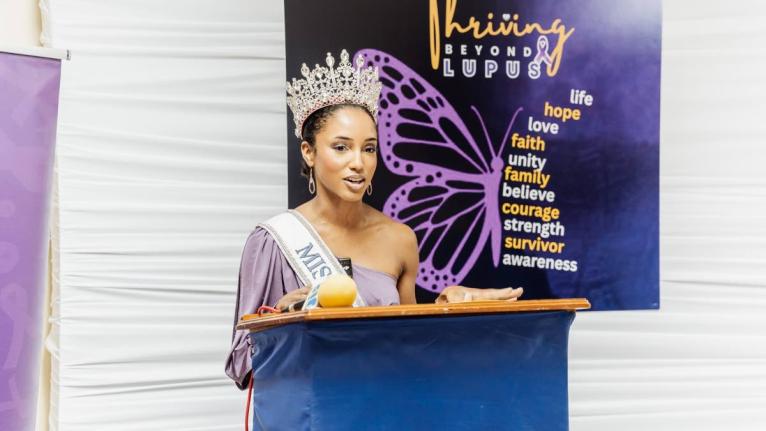 Miss Universe Jamaica, Dr Gabrielle Henry during her presentation.  