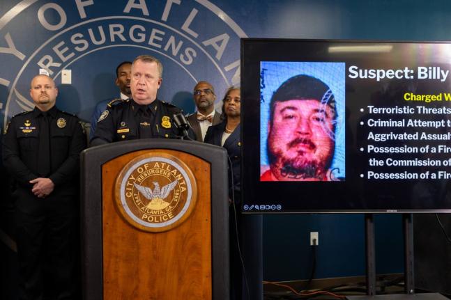 Atlanta Police Chief Darin Schierbaum speaks during a press conference at the Atlanta Police Department headquarters in Atlanta on Monday, October 20, 2025, regarding a Cartersville man, Billy Cagle, who threatened to "shoot up" the airport. (Arvin Temkar/