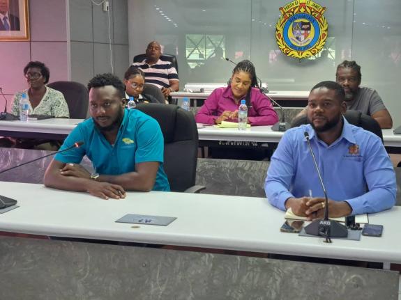 Louis Porter (left), Western Parks and Markets Limited’s senior public cleansing inspector for St James and Trelawny, and Montego Bay Mayor Richard Vernon address a media briefing at the St James Municipal Corporation on Thursday, following a meeting of 