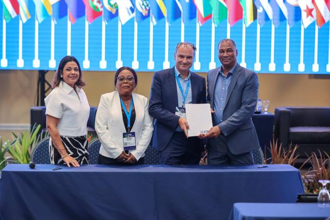 From left: Milaika Capella Ras, general manager of the CSA; Magda Milano, director of the Suriname Port Management Company; Nico Suys, SPTI manager – Port Projects; and William Brown, president of the CSA, following the signing of the memorandum of under