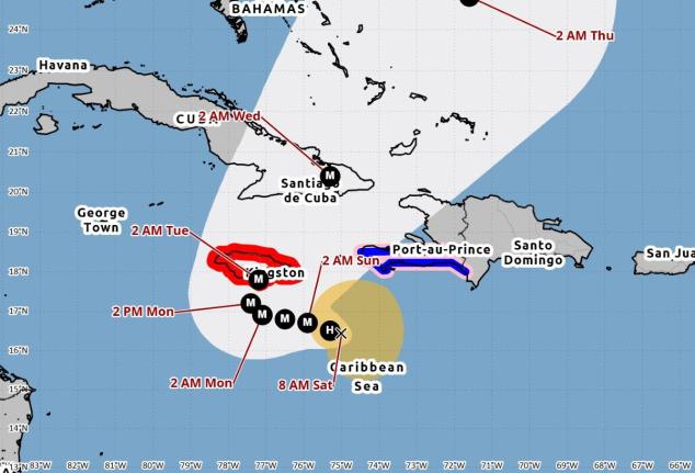 The cone from the United States' National Hurricane Center contains the probable path of the centre of Tropical Storm Melissa at 7 a.m. on October 25, 2025. It  does not show
the size of the storm. Hazardous conditions can occur outside of the cone.