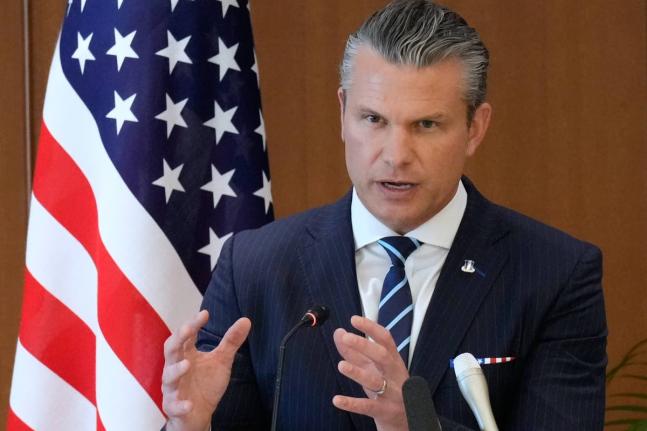 US Defence Secretary Pete Hegseth speaks during a joint press conference with Japan's Defence Minister Shinjiro Koizumi in Tokyo Wednesday, October 29, 2025. (AP Photo/Eugene Hoshiko, Pool)
