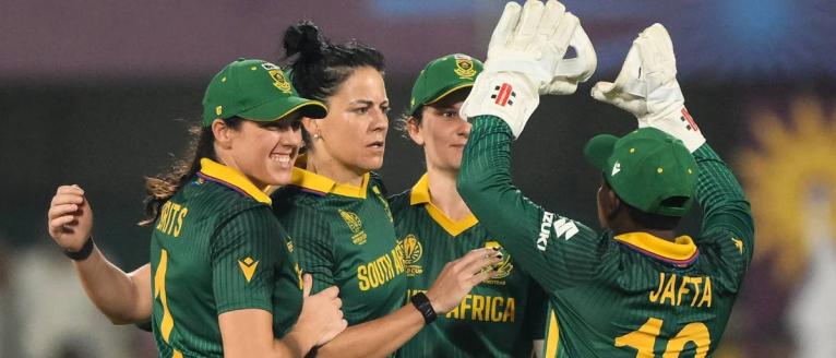 South Africa women celebrate an English wicket during their ICC Women’s Cricket World Cup during their semi-final at the ACA Stadium in Guwahati yesterday.
