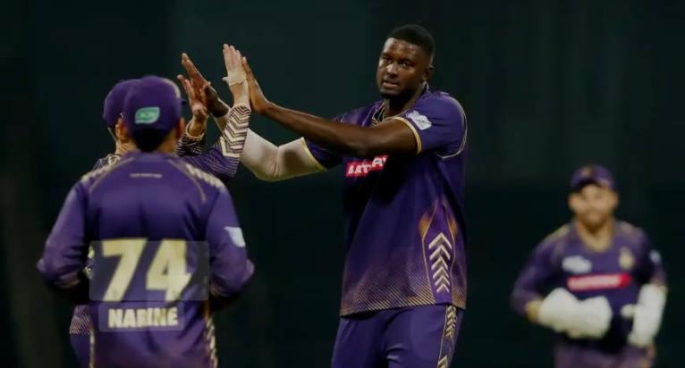 All-rounder Jason Holder (right) celebrates taking one of the 17 wickets he claimed for the Abu Dhabi Knight Riders during last season’s International League T20.