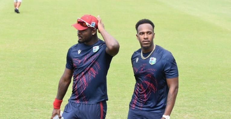 West Indies pacemen Jayden Seales (left) and Matthew Forde have a conversation during the team’s final training session ahead of today’s first T20 International against New Zealand in that country.