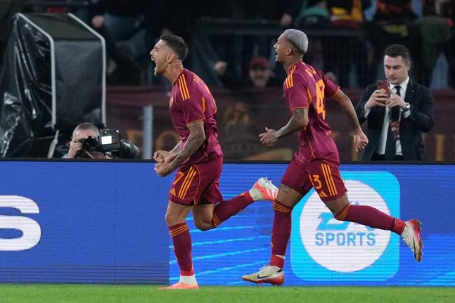 Roma’s Lorenzo Pellegrini (left) celebrates after scoring during the Serie A  match between Roma and Udinese in Rome yesterday.