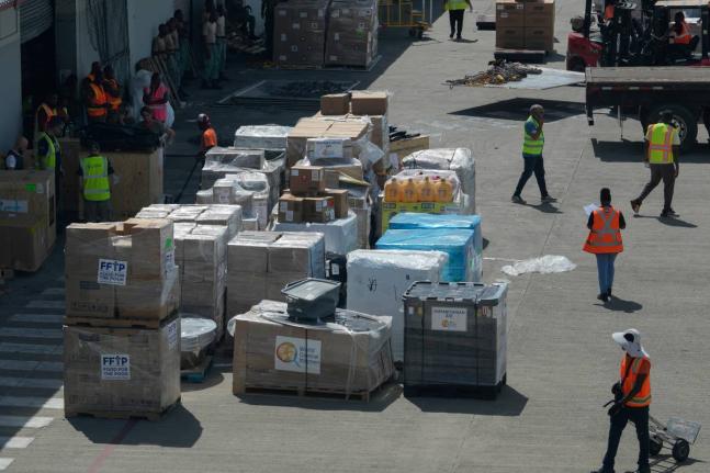 Humanitarian aid sits on the tarmac at the Norman Manley International Airport in Kingston, Jamaica in the aftermath of Hurricane Melissa.