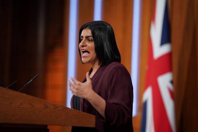 British Justice Secretary Shabana Mahmood speaks in the No. 9 Downing Street Media Briefing Room, in Westminster, London, May 14, 2025. (Yui Mok/PA via AP)
