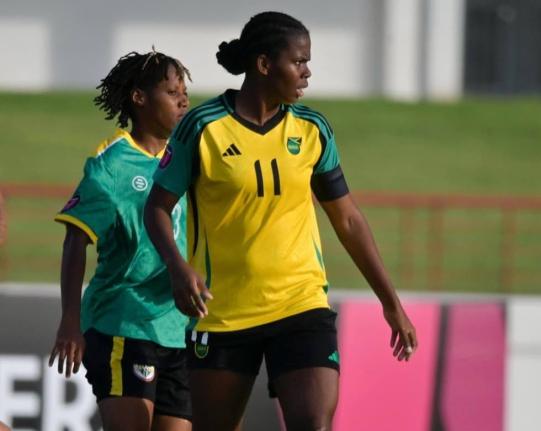 Reggae Girlz captain, Khadija Shaw, reacts during her team’s Group B Concacaf W Qualifier against Dominica at the Daren Sammy Cricket Ground in St Lucia on Saturday. The Reggae Girlz won 18-0.