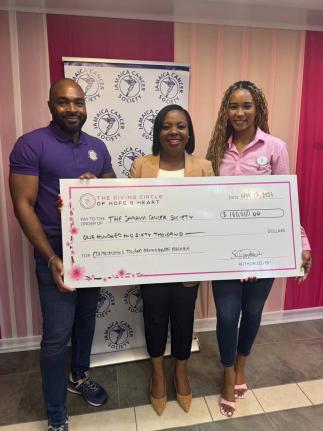 Rohan Service (left), president of the Optimist Club of North St Andrew, and Sidoney Gordon (right) of The Giving Circle, joined Roshane Reid-Koomson (centre), executive director of the Jamaica Cancer Society, for a photo during a recent donation handover 